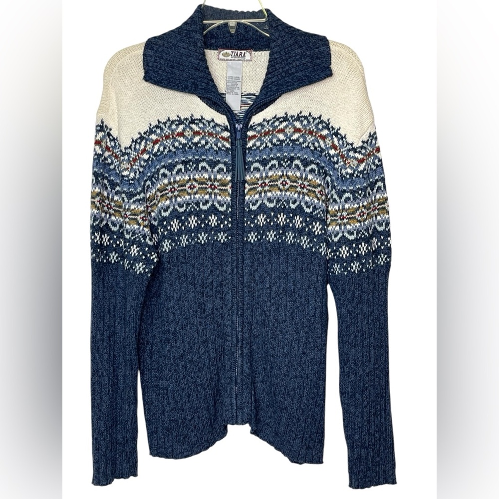 Tiara Women's XL‎ Blue Multicolor Cardigan Full Zip Heavy Collared Sweater READ